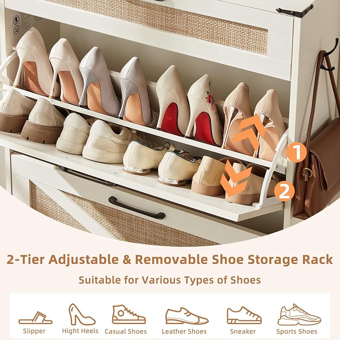 LEYAOYAO Shoe Cabinet Storage for Entryway with 2 Flip Drawers Rack Narrow Organizer Slim Hidden Wood Shoe Cabinet Furniture Off White