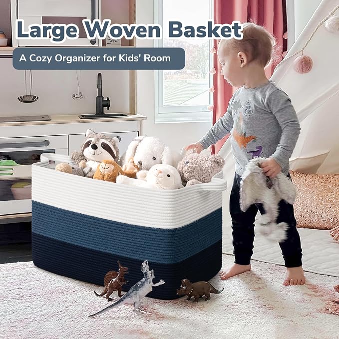 Goodpick 85L Large Blanket Basket 23.6" x 15.7" x 13.8" Cotton Rope Storage Baskets for Organizing, Rectangle Woven Baskets for Storage, Baby Toy Basket for Nursery Bedroom, Blue