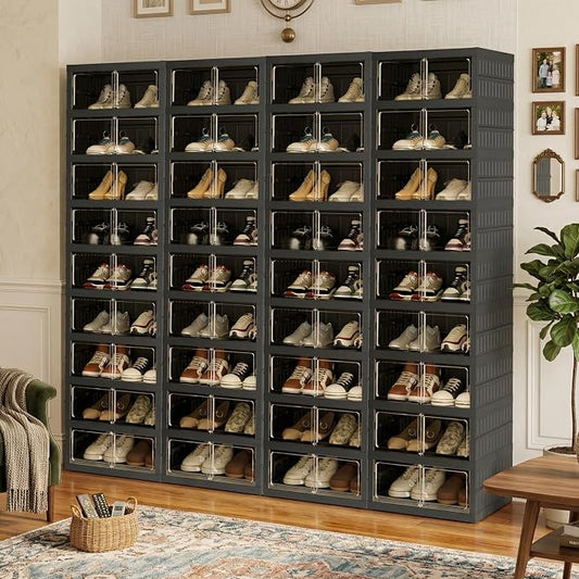 Foldable Shoe Organizer Storage Box Set of 4, Portable Extra Large Folding Shoe Rack for Closet, Shoe Storage Box with Magnetic Transparent Door and Wheels, 9 Layers 18 Grids