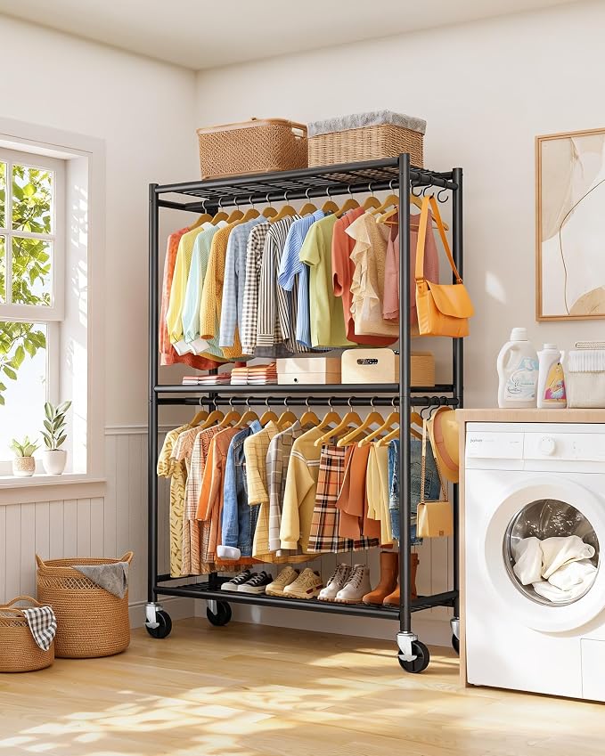 Sakugi Clothes Rack - Double Hanging Rod Clothing Rack with Wheels & Leveling Feet, Large Capacity Wardrobe Closet with Shelves for Bedroom, Laundry Room, Entryway, 45.2" x 12.6" x 80.7", Black