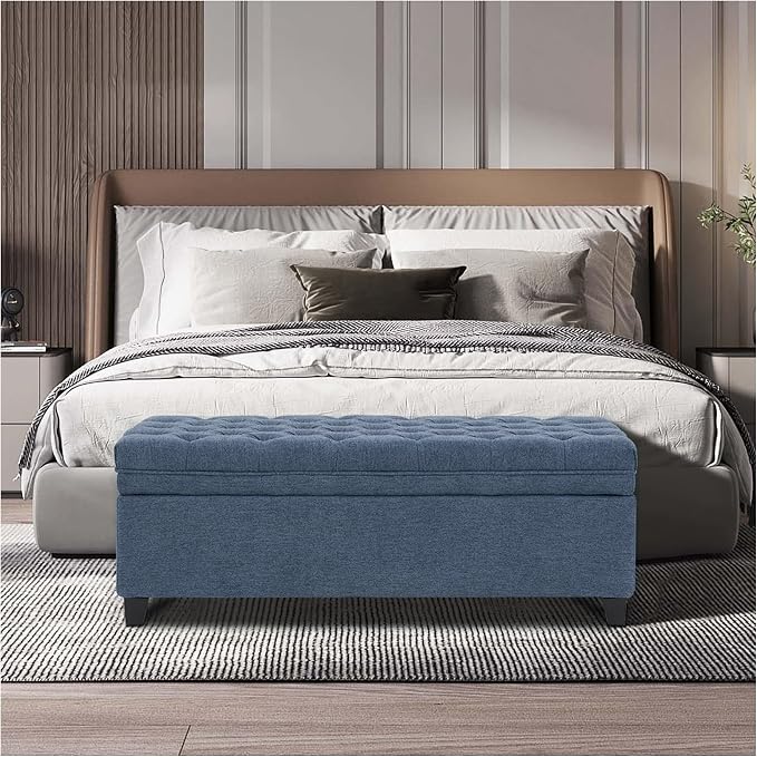 51" Storage Ottoman for Bedroom & Living Room, End of Bed Bench with Black Wooden Legs, Linen Upholstered Tufted Ottoman, Entryway Storage Bench, Dark Blue