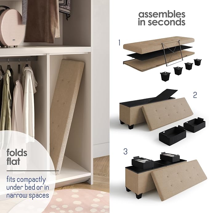 Storage Ottoman Bench with Bins, 43-in Storage Bench for Bedroom End of Bed, Folding Foot Rest Ottoman for Living Room Max 660lbs, Fabric Ottomans, Taupe