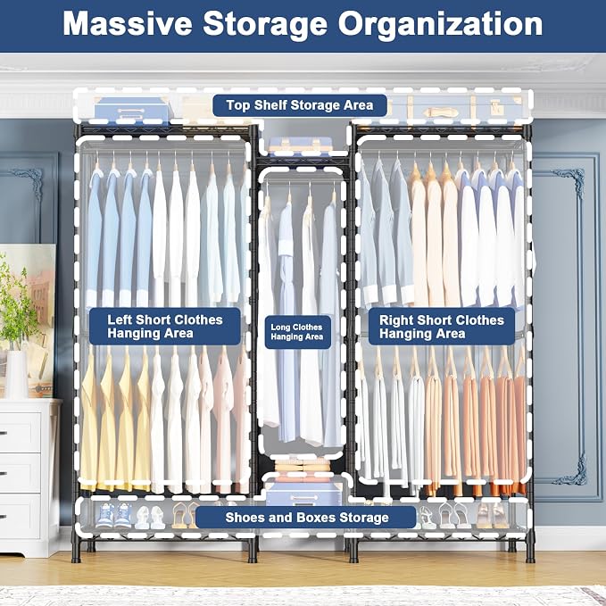 E12 Clothes Rack，Heavy Duty Freestanding Garment Rack with Shelves，Metal Clothing Closet Storage System for Hanging Clothes，57.1" W x 16" D x 76.5" H, Hold 860 lbs，Black