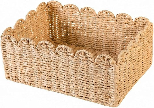 Scalloped Basket, Paper Rope Wicker Storage Baskets 14" L x 10.5" W x 5.9" H, Hand Woven Baskets for Shelves, Rattan Organizing Baskets for Living Room, Bedroom, Table, Bookcase, Shelf (Large)