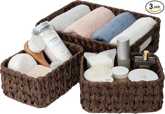Granny Says Small Wicker Baskets For Shelves, Wicker Baskets For Storage | Small Woven Storage Baskets for Shelf, Rattan Basket For Organizing, Wicker Basket Set, 3-Pack Small Waterproof Baskets