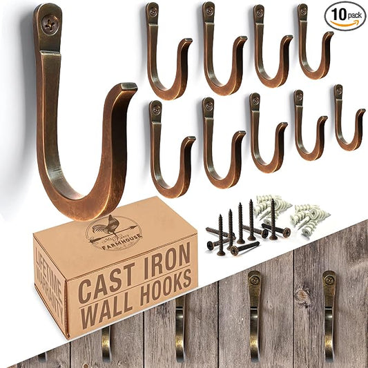 Antique Bronze Railroad Spike Cast Iron Hooks (10 Pack) Handmade Blacksmith, Wall Mounted Decorative Hooks, PowderCoated for Interior or Exterior Use, Rust Proof for Hanging Coats, Bags or Pots