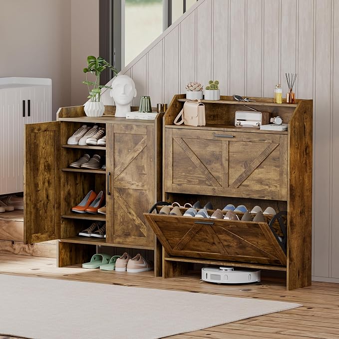 Farmhouse Shoe Cabinet with 2 Flip Drawers, Shoes Storage Cabinet, Freestanding Shoe Rack Organizer for Entryway, Rustic Brown