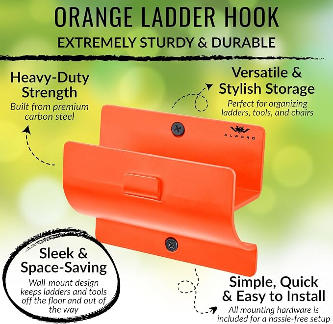 Orange Heavy Duty Ladder Hooks - Garage Wall Mount Storage Hanging Bracket | Holds Wheelbarrows, Step Ladders and Folding Chairs, Versatile Tool Organiser for Garage, Easy to Install