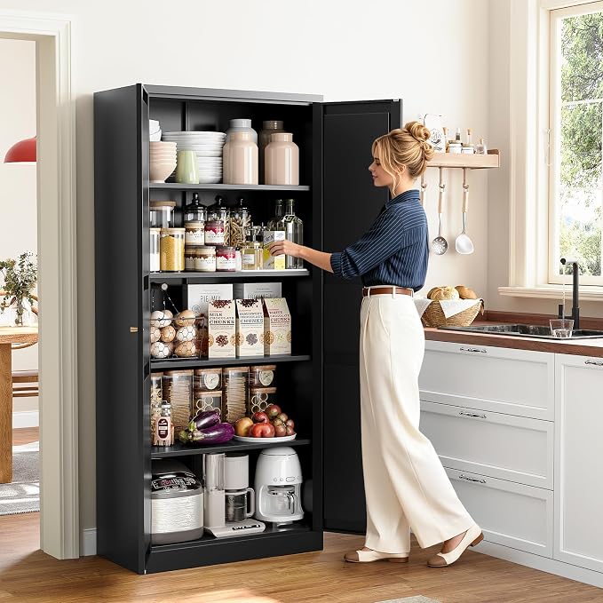 Yizosh Metal Storage Cabinet with 2 Doors and 5 Adjustable Shelves - 71" Black Kitchen Pantry Storage Cabinet, 5-Tier Tall Steel Cabinet Locker for Kitchen, Living Room, Dining Room