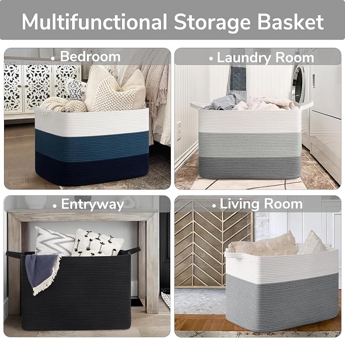 Goodpick 105L Extra Large Woven Blanket Basket Cotton Rope Storage Baskets for Organizing, Rectangle Baby Laundry Basket for Living Room Home Decor, 25"x16"x16", White & Gray