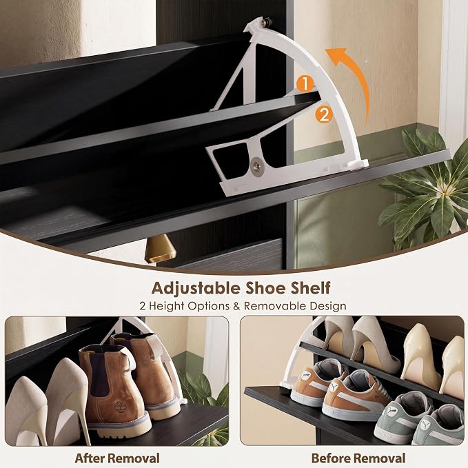 Nicetree Shoe Cabinet with 2 Flip Drawers, Narrow Shoe Organizer Cabinet, Freestanding Shoe Rack Cabinet, Modern Shoe Storage Cabinet for Entryway, Hallway, Foyer, Black