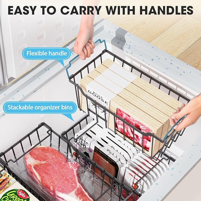 SUNALLY Freezer Organizer Bins, 8 Pack Stackable Pantry Storage Bins, Black | Chest Freezer Organizer for 5-7 Cu.FT Deep Freezer to Sort Frozen Meats & Food, Wire Baskets for Pantry Organizers & Storage