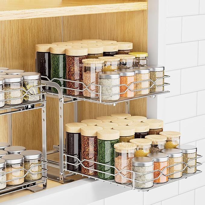 RCHYFEED Pull Out Spice Rack, 2 Tier Height Adjustable Vertical Spice Rack | Chrome,Tape or Screw Mount Available, Heavy Duty Sliding Spice Rack 9.2W x 10.4D x 9.8H, Fits Cabinets with or without Lip