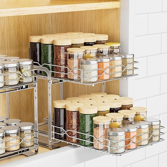 RCHYFEED Pull Out Spice Rack, 2 Tier Height Adjustable Vertical Spice Rack | Chrome,Tape or Screw Mount Available, Heavy Duty Sliding Spice Rack 9.2W x 10.4D x 9.8H, Fits Cabinets with or without Lip
