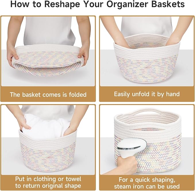 3 Pack Small Rope Storage Baskets, 9.82×9.82×7.1", Rainbow | Cotton Basket for Gifts Empty, Cute Round Woven Basket, Decorative Shelf Basket Organizer, Organizing Basket for Shelves