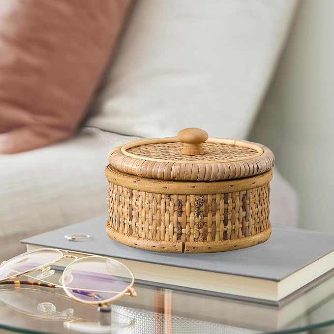 SOFE Small Round Rattan Box with Lid, Decorative Storage Boxes, Rattan Storage Basket for Jewelry, Candies, Snacks, Keys, Desktop Farmhouse Woven Boxes for Decor, 5.7 Inches