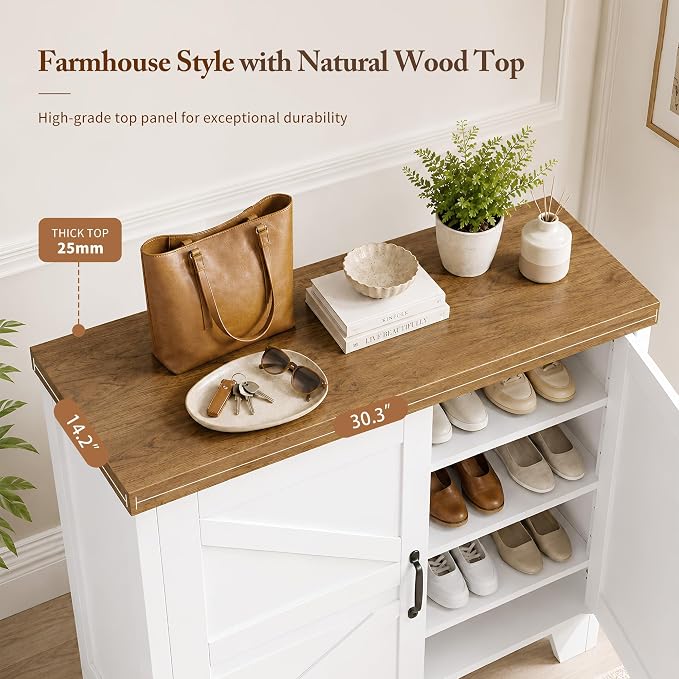 Heybly Modern Farmhouse Shoe Cabinet with Doors, Entryway Storage HSC001WWB | Adjustable Shelves, Hidden Shoe Storage, Versatile Entryway Cabinet Furniture with Thick Top, Reinforced Legs, Walnut-White