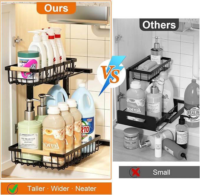 Under Sink Organizer, 2 Pack Height Adjustable Under Sink Organizers and Storage, 2 Tier Pull Out Drawer Cabinet Storage for Kitchen Bathroom