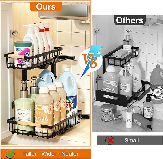 Under Sink Organizer, Adjustable 2 Tier Pull Out Kitchen Bathroom | cabinet organizer, 5 level adjustable, quiet sliding rails, dual suction and nano tape, no drill, rust resistant holds 50 lbs