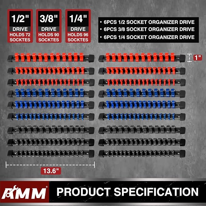 AMM 18-Piece Socket Organizer, 1/2 inch, 3/8 inch and 1/4 inch Drive ABS Tools-Socket Holder,Heavy Duty Socket Racks, Premium Quality Socket Clip Rail Holder,The best tool trays in the garage