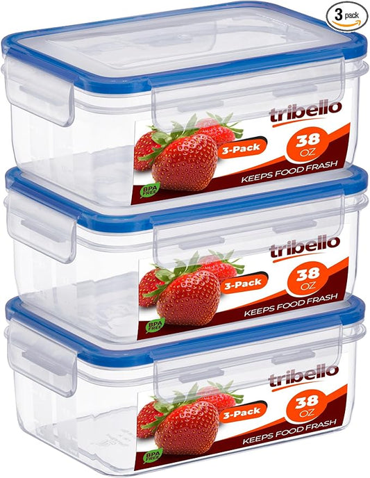 Tribello 38 oz Airtight Food Storage Containers with SnapTight Lids – Clear, Stackable, BPA-Free Meal Prep Containers for Kitchen, Freezer & Pantry Storage