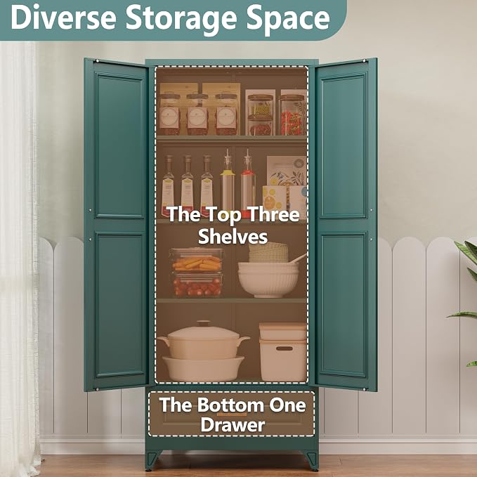 Polup 75" Metal Storage Cabinet, Tall Kitchen Pantry Cabinet with 1 Drawer | Green Heavy-Duty Steel Cupboard, 2 Doors, 3 Adjustable Shelves, Magnetic Latch, Gold Handles, for Dining Living Room, Laundry