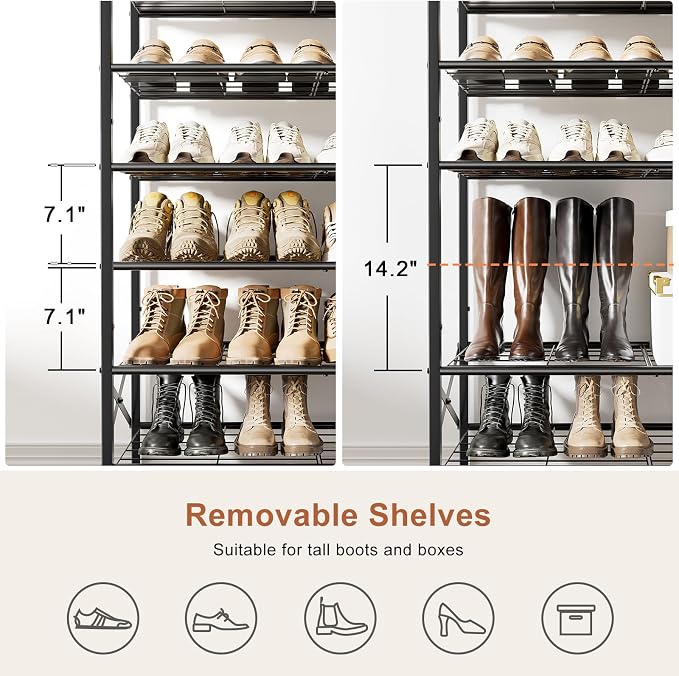 8 Tier Metal Shoe Rack with Wood Top, 24-32 Pairs Rustic Brown | 52in tall maximizes vertical space. 2 iron sheets for heels. Remove a layer for tall boots. Versatile for home.