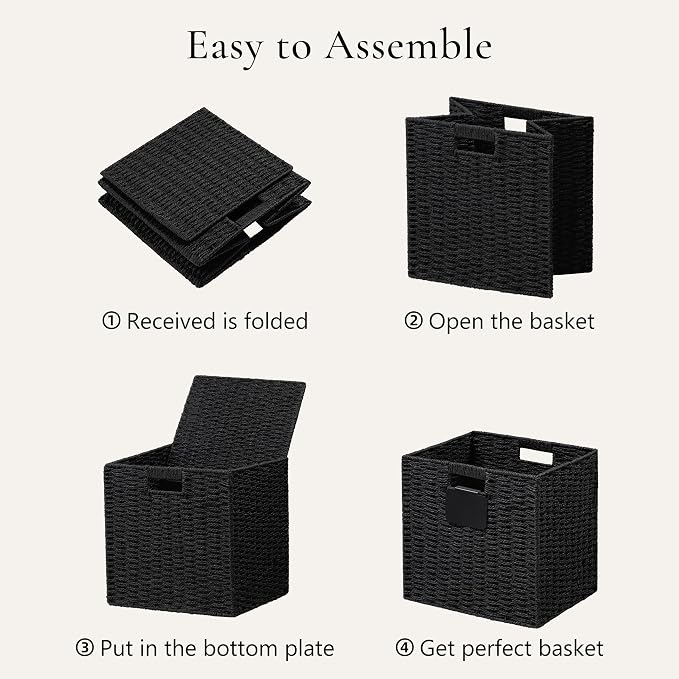 UBBCARE 2 Pack Wicker Basket, 12×12 Storage Cubes with Label, Foldable Cube Storage Bin with Handle, Square Storage Basket for Shelves, Woven Paper Rope Basket for Organizing, Black