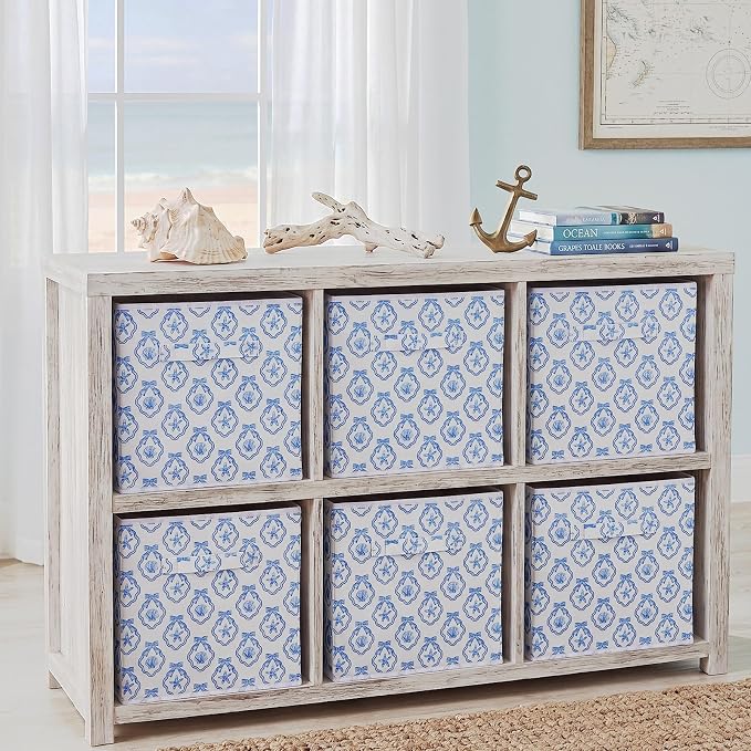 6 Pcs Blue Bow Seashell Storage Bins 11 Inch Summer Beach Storage Basket with Handle, Coastal Organizer Basket, Ocean Collapsible Fabric Box for Classroom Bedrooms Office Home Decoration Gift