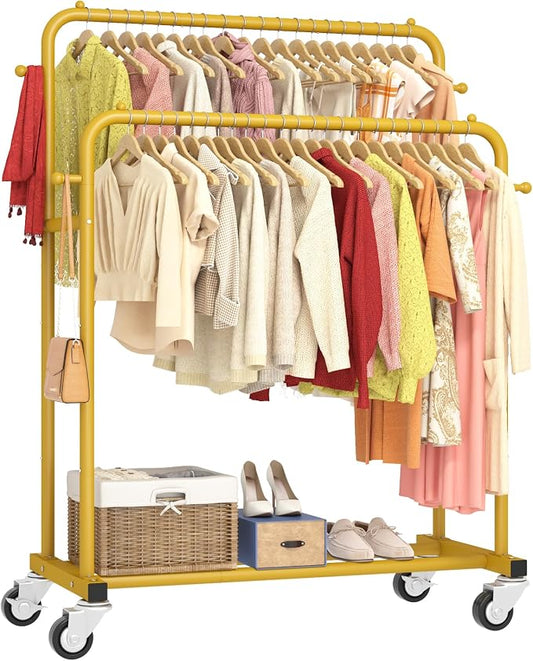 Laiensia Double Rods Garment Rack with Wheels, Clothing Rack for Hanging Clothes,4 Hooks, Multi-functional Bedroom Clothes Rack, Gold