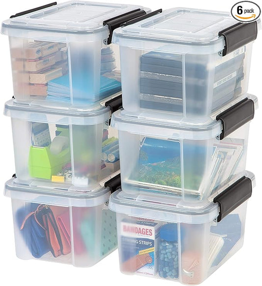 IRIS USA 6-Pack 6 Qt Storage Bins with Gasket Lids, Clear/Black | WeatherPro seal protects shoes, crafts, documents and supplies from dust and moisture
