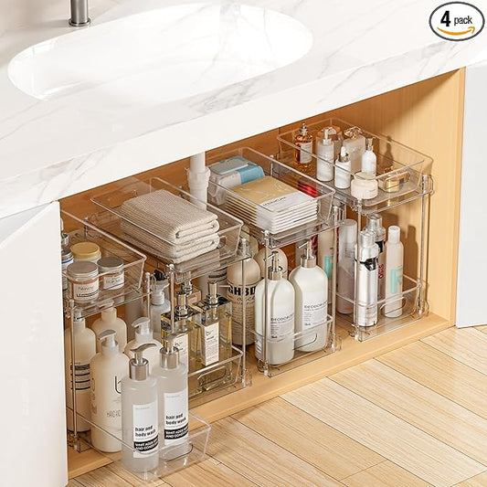 Vtopmart 4 Pack Taller Pull Out Bathroom Under Sink Organizer (S-Higher) | Slide-out drawers, Multi-purpose storage, Clear visibility, Easy Set-up