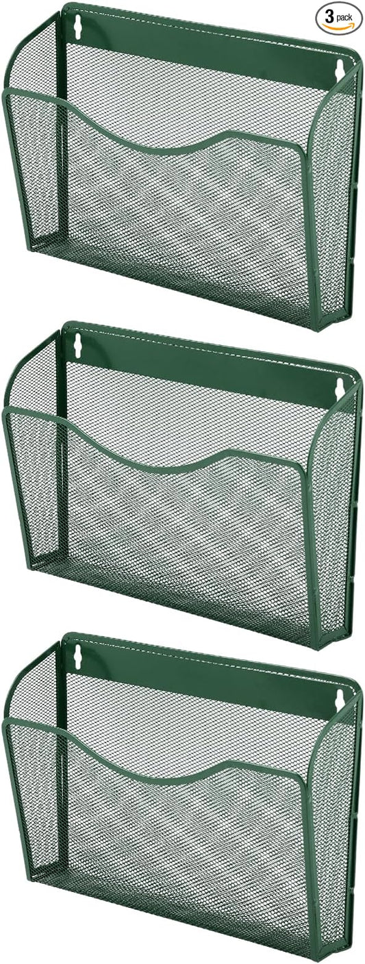 EASEPRES 3 Single Pocket Mesh Hanging File Organizer, Vertical Wall Mounted Magazine File Holder, Mount Basket Mail Paper Document Folder Organizing for Office, Home and School, Dark Green