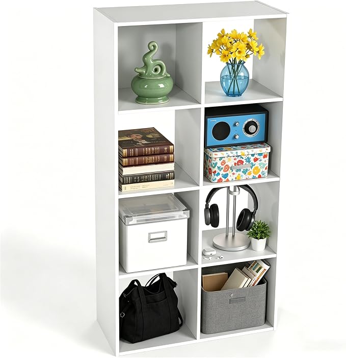 HealSmart 8 Cube Storage Organizer, 4 Tier Stackable Bookshelf, Open Cube Bookshelf with 4 Removable Back Panels, Suitable for Living Room, Bedroom, Home Office, 47.7" L X 11.6" W X 24" H, White