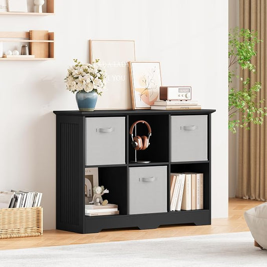 6 Cube Storage Organizer Shelf, Wood Cubby Storage with 3 Fabric Drawers | 2 Tier Wooden Bookshelf with 2 Adjustable Shelves, Fluted Side Panels Bookcase for Bedroom, Living Room, Home Office, Black