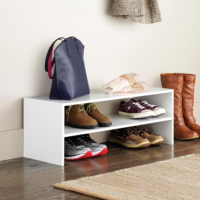 Whitmor Stackable 28" Extra Wide 2-Shelf Storage Organizer,Stackable Wood Combination Shoe Organizer Racks Shelves for Closets, Entryway, Hallway, Garage, White