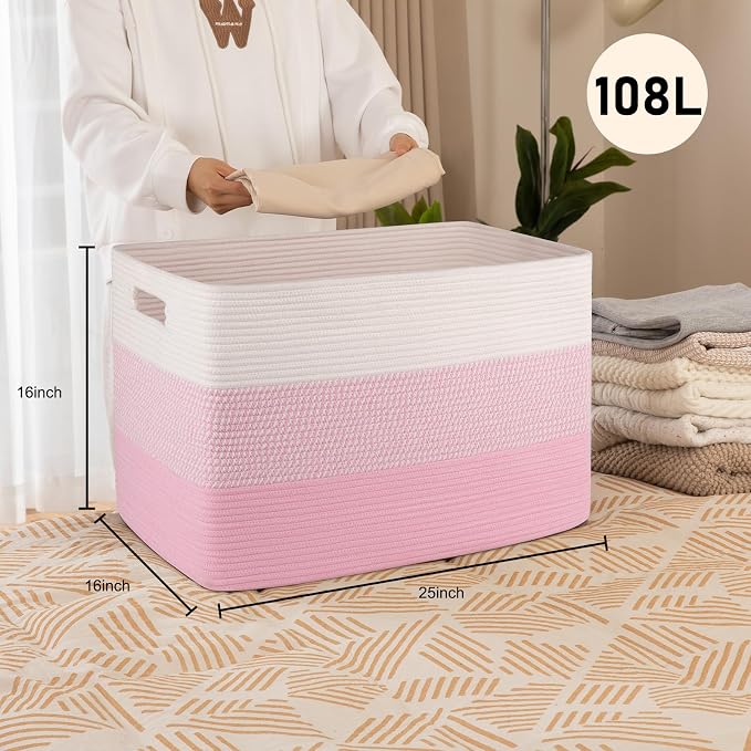 OIAHOMY 108L Super Large Blanket Basket For Living Room, 25”x16”x16” Rectangle Woven Baskets For Storage, Toy Storage with Handle - Pink&White