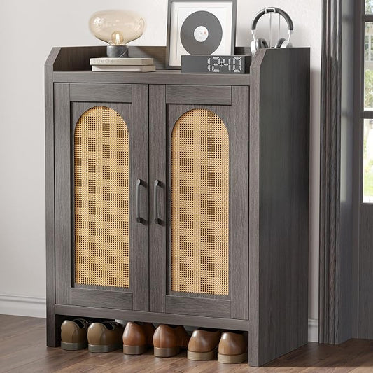 Shoe Cabinet Storage for Entryway, Natural Rattan Shoes Cupboard, Wooden Shoe Rack with Doors and Shelves, Farmhouse Boho Wood Shoe Organizer Cabinet for Hallway Black