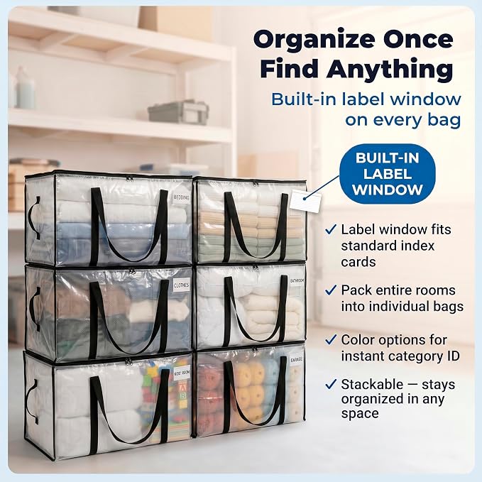 ClearSpace Oversized Moving Bags or Storage Bag – Large Moving Boxes with Backpack Straps, Zippers & Handles – Heavy-Duty Packing Bags for Moving, College Dorm, Christmas Decorations, 8 Pack.