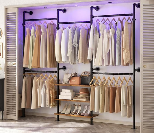 Aheaplus Expandable Industrial Pipe Clothing Rack, 7.3-10.9Ft Wall Mounted Closet System, Reversible L Shaped Clothes Rack for Hanging Clothes, Heavy Duty Walk-in Corner Wardrobe Closet, Rustic Brown