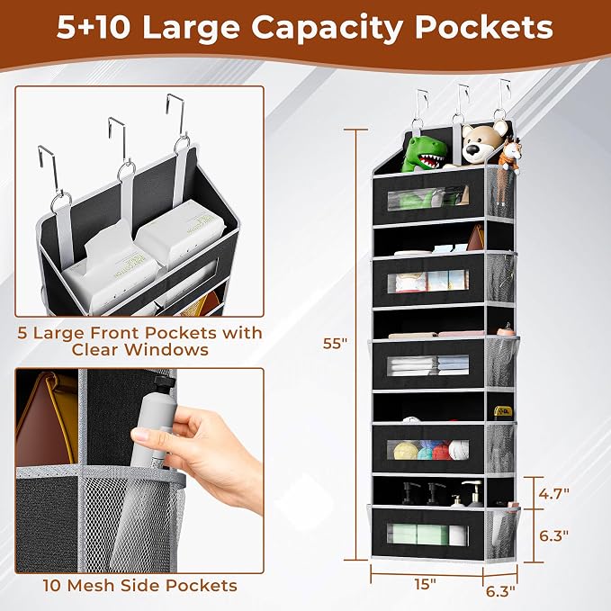 5 Tier Over The Door Organizer - Large Capacity Behind Door Hanging Shelves with 10 Mesh Pockets and Clear Windows, Closet Organizers and Storage for Bathroom, Bedroom, Nursery, Black