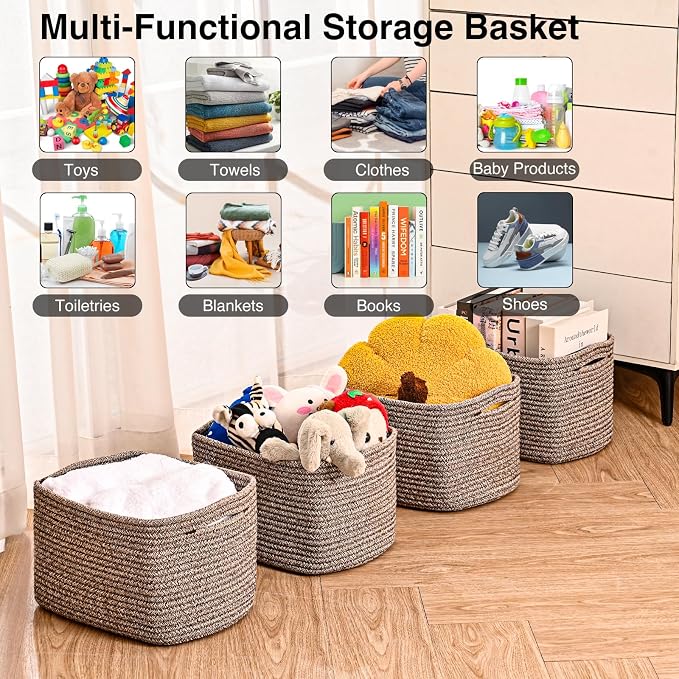 ICERZCZ Storage Baskets for Shelves Organizing, Woven Cotton Rope Baskets for Storage, Book Basket, Decorative Shelf Basket, 12.5"Lx9.1''Wx7.9''H (4 Packs) Dark Brown