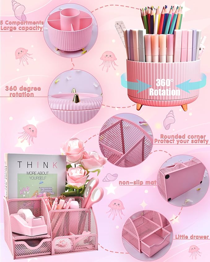 LXEVIHK 21Pcs Pink Desk Organizers and Accessories With Mesh Desk Organizer and 360°Rotating Pen Holder and a Lot of Office Pink Office Supplies Beautifully Presented in a Gift Box
