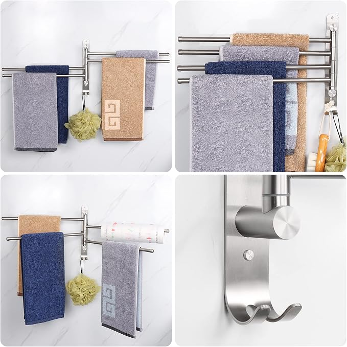 NearMoon Swivel Towel Rack, 13.8" Thicken 304 Stainless Steel 4-Arm Towel Bar, Space Saving Wall Mounted Towel Holder with Hook, Rustproof Swing Out Towel Hanger for Bathroom, Kitchen (Brushed Nickel)