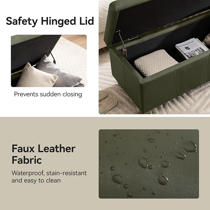 WUTUTUEE 51" Faux Leather Storage Ottoman, Stitch Tufted Rectangle Upholstered End of Bed Storage Bench, Entryway Large Couch Ottoman with Wooden Legs,Green