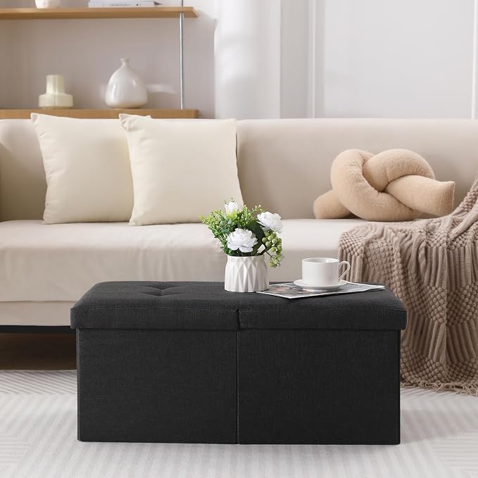 Storage Ottoman Bench Foldable Seat Footrest Shoe Bench End of Bed Storage with Flipping Lid, 75L Storage Space, 30 inches Linen Fabric Black