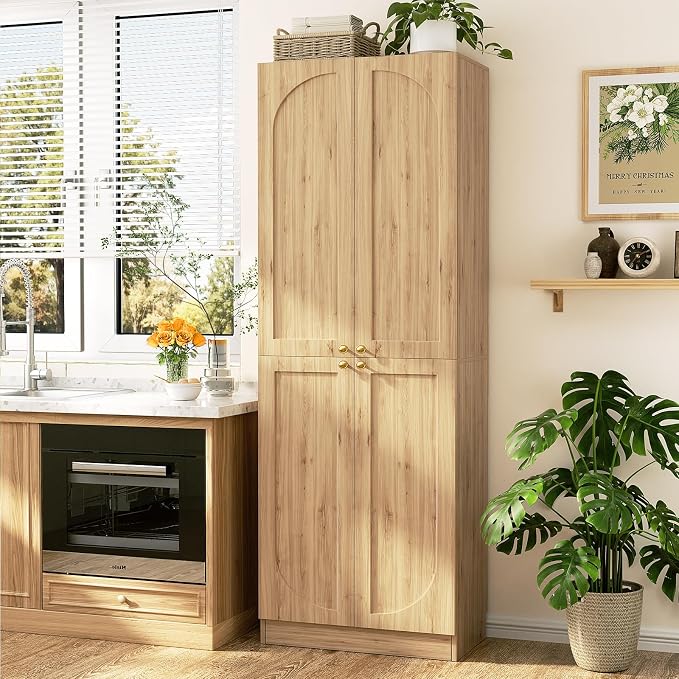 Cyclysio Storage Cabinet Set of 2, 80" Tall Arched Bookcase with 4 Soft Close Doors, 12-Tier Wooden 2 Set Pantry with Adjustable Shelves, Seamless Fit Wall for Home Office, Living Room, Kitchen
