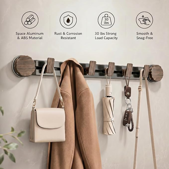 Sindax Suction Cup Wall Coat Rack, No Drill Coat Hooks with 6 Adjustable Hooks, Reusable Wall Mounted Rack for Entryway, Bathroom, White