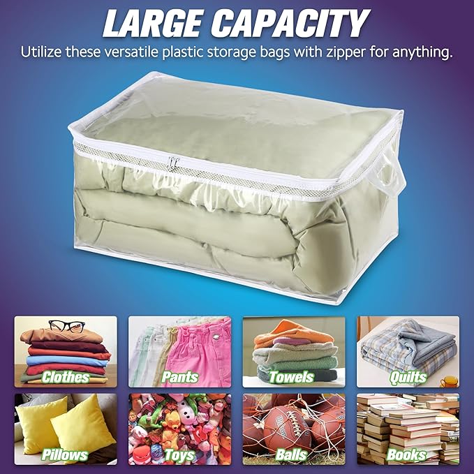 Large Storage Bag for Clothes, Jumbo Zipper Totes | 20 Gallon xxl, Flexible, Clear Extra Thick Plastic, Reinforced Handles, Double Zip
