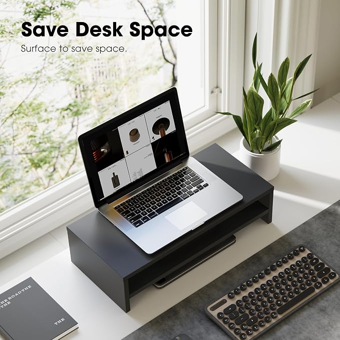 FITUEYES Wooden Monitor Stand Riser, 2-Tier Desk Storage Shelf, Black | 21.3-Inch Desktop Organizer Fits Laptop, Computer Screen and Office Supplies